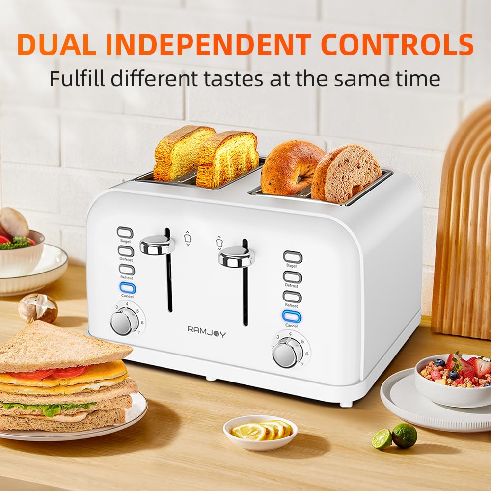 RAMJOY White Toaster 4 Slice, Dual Independent Controls, Extra Wide Slot Toasters for Bagel, Bread, Waffles, 7 Shade Settings, 4 Main Functions, Removable Crumb Tray, 1500 Watts, White Stainless Steel