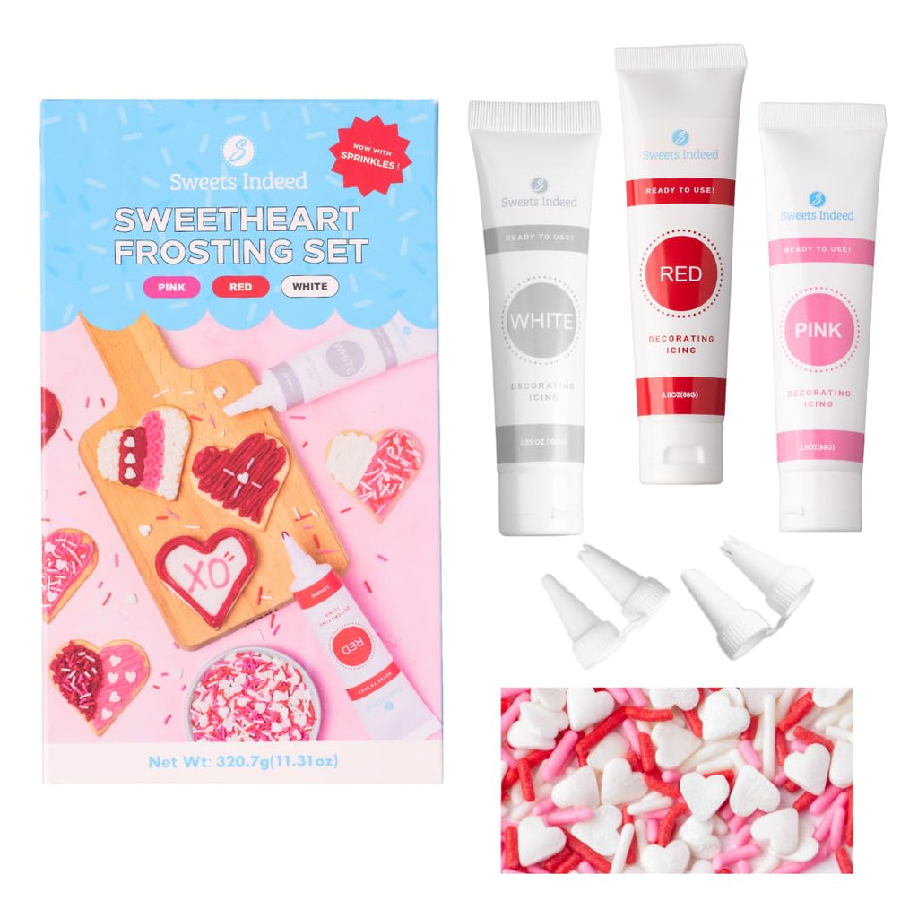 Sweets Indeed Valentines Day Frosting Decorating Set | Red White & Pink Frosting Tubes, Decorating Nozzles & Heart Jimmies Sprinkles | Baking Kit | 11.31 ounces