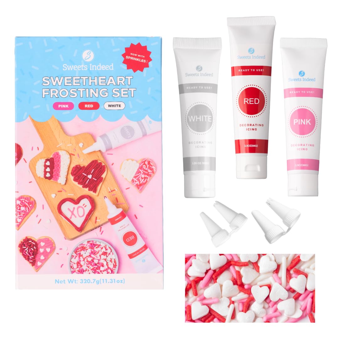 Sweets Indeed Valentines Day Frosting Decorating Set | Red White & Pink Frosting Tubes, Decorating Nozzles & Heart Jimmies Sprinkles | Baking Kit | 11.31 ounces