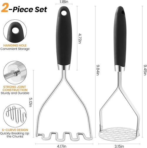 2Pcs Potato Masher Set with Silicone Handle, Premium Stainless Steel Potato Masher, Integrated & Wire Masher for Potatoes, Avocado, Vegetables and Baby Food