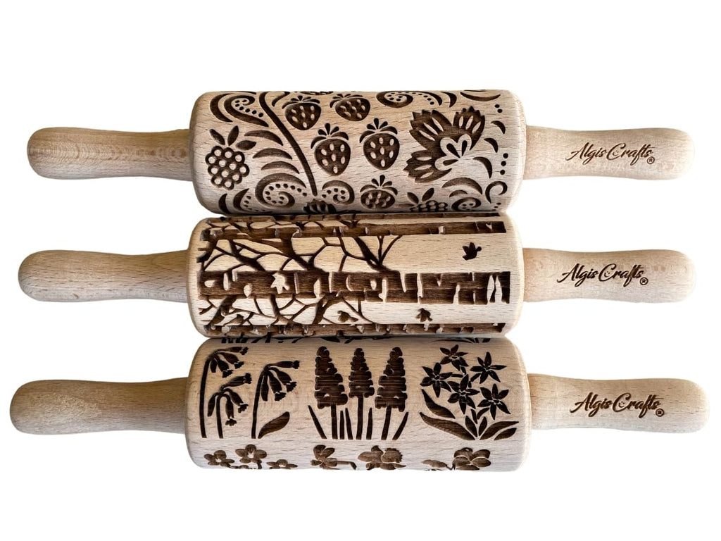 SEASONS 3 Mini Embossed Rolling Pin Set. Wooden Laser Cut Mini Rolling Pins for cookies or clay with spring flowers, tulips, daffodils, strawberries, raspberries, birch, trees by Algis Crafts