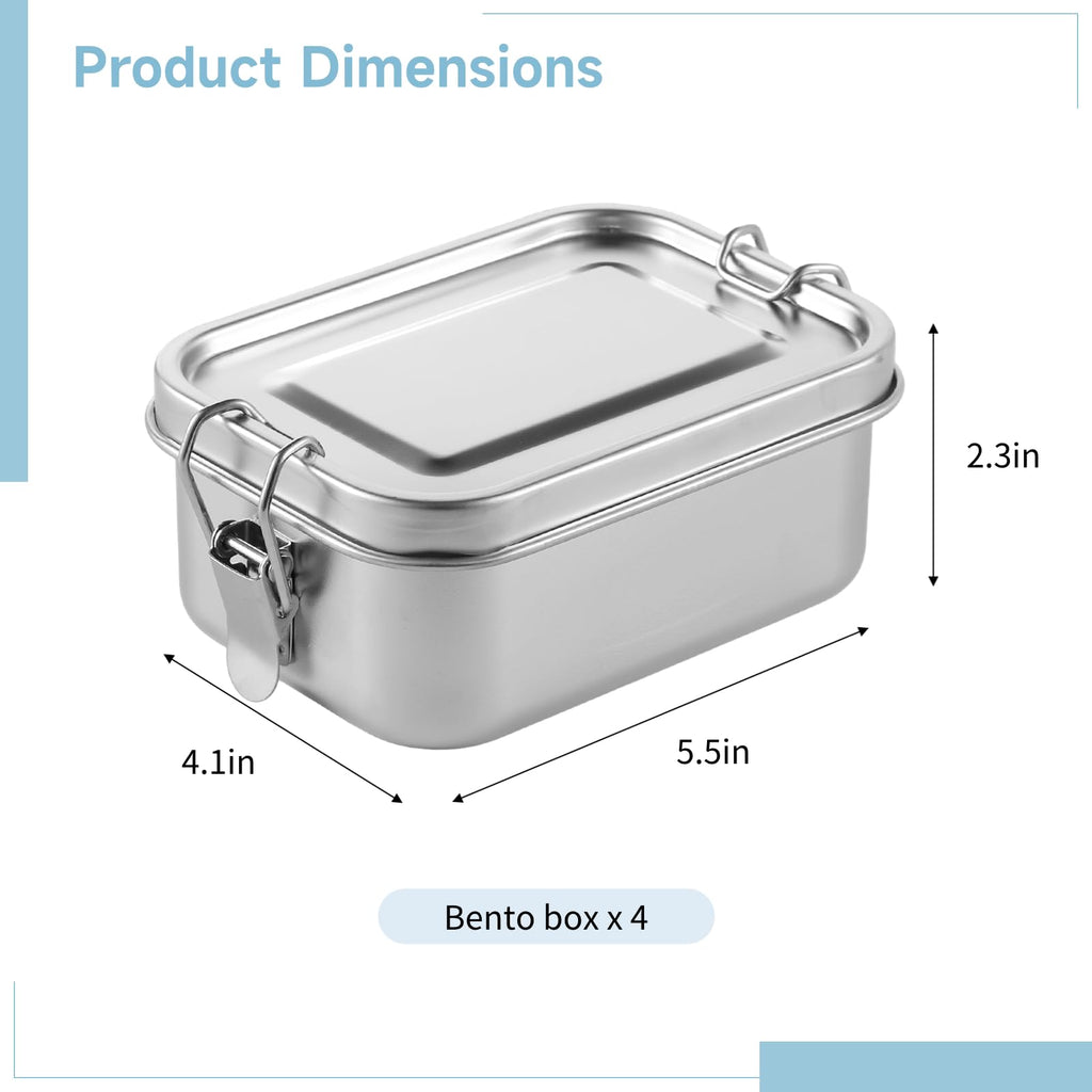 Tideme 4 PCS Bento Boxes, 550 ML Stainless Steel Lunch Boxes, Food Storage Containers, Portable Metal Lunch Containers, Lockable Clips to Leak Proof, Reusable Dishwasher Safe Lunch Snack Boxes