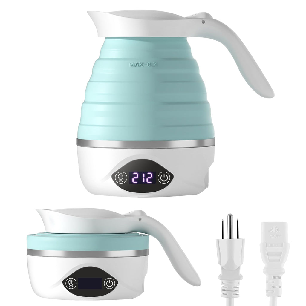 AUCOO Collapsible Travel Kettle, 700mL Small Electric Kettles for Boiling Water, 850W Portable Foldable Kettle with Digital Temperature, 110-220V Dual Voltage, BPA-Free Silicone for Tea & Coffee