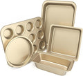 Baking Pans Set, 5-Piece Nonstick Bakeware Sets with Round/Square Cake Pan, Muffin Loaf Roast Pan, Baking Sheets for Oven, Kitchen Cookware Sets Baking Tray Baking Supplies, Gold