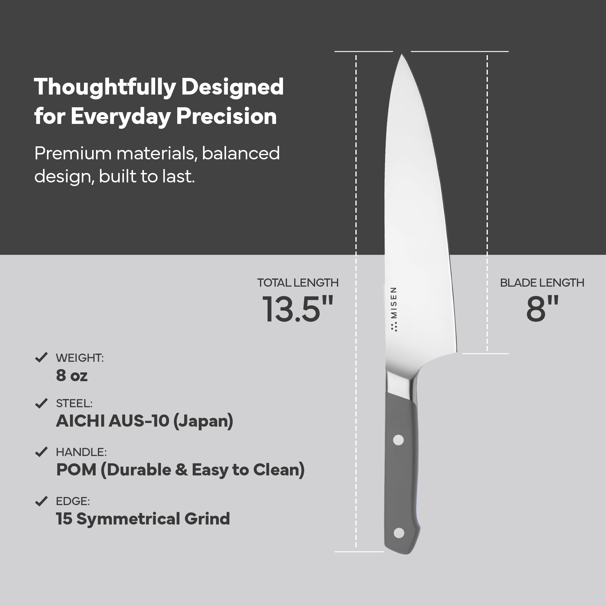 Misen 8 Inch Chef Knife, AUS-10 Japanese Stainless Steel - Gray