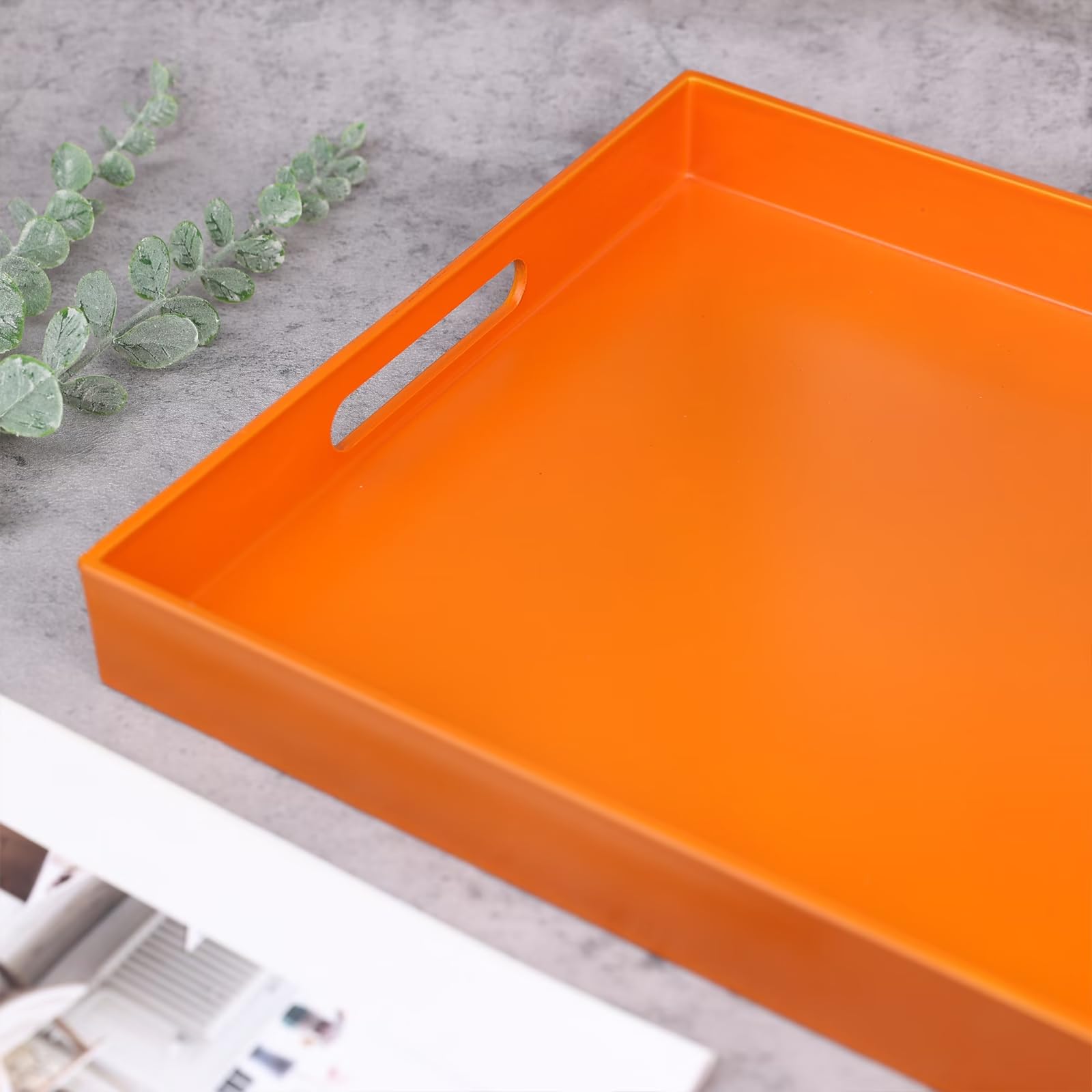 SforGUVA Ornage Serving Tray for Coffee Table, Rectangular Plastic Decorative Tray with Handles for Entertaining, Outdoor Patio, Living Room, Ottoman, Bathroom Counter, 11.8”*15.7”*1.6”