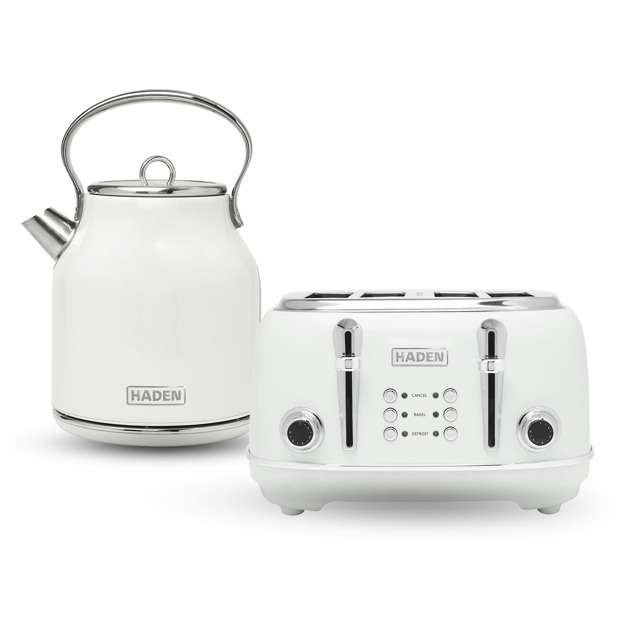 Haden Heritage Stainless Steel Body Retro Electric Tea Kettle, White and Haden Heritage 4 Slice Wide Slot Stainless Steel Retro Toaster, White
