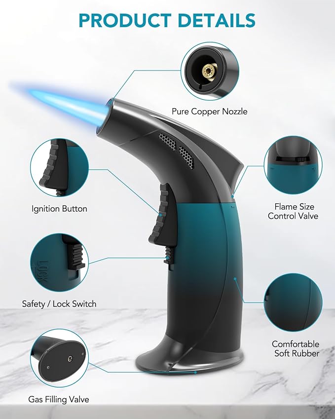 Cooking Torch Lighter with 100ml Butane Refill - Refillable Torch with Flame Lock, Adjustable Flame Mini Blow Torch Set for Cooking, Baking, Creme Brulee, Soldering