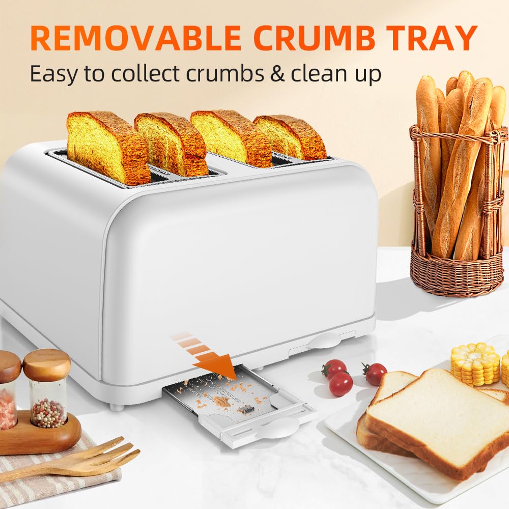 RAMJOY White Toaster 4 Slice, Dual Independent Controls, Extra Wide Slot Toasters for Bagel, Bread, Waffles, 7 Shade Settings, 4 Main Functions, Removable Crumb Tray, 1500 Watts, White Stainless Steel