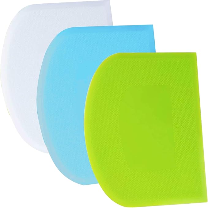 SURDOCA Dough Scraper Bench Scraper - 3P 7.1x4.9" Plastic Flexible Bowl Scraper, Sharp Edge & Angles Cake Scraper. Non-Slip Bakeware Decorating Tools Sculpting & Modeling Tools - Green+Blue+White