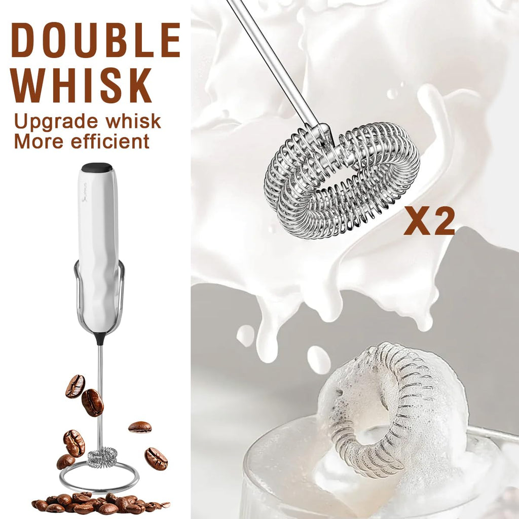 SUPRUS Ultra Fast Handheld Milk Frother Double Whisk with Stand 2 Batteries Stainless Steel for Lattes Cappuccino Matcha Hot Chocolate Coffee Bar Accessories Kitchen Gadgets Gift