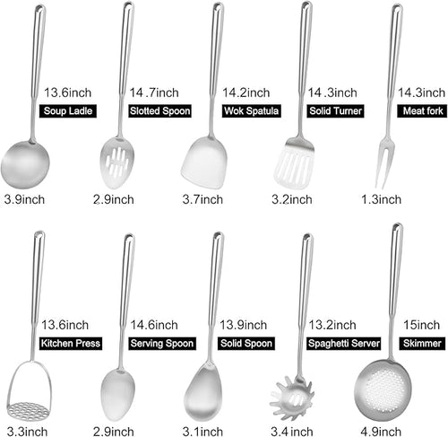 18 10 Stainless Steel Cooking Utensils Set, 10pcs Long Metal Kitchen Utensils Set Come with Spoon, Potato Press, Spatula, Ladle, Skimmer, Turner, Pasta Server