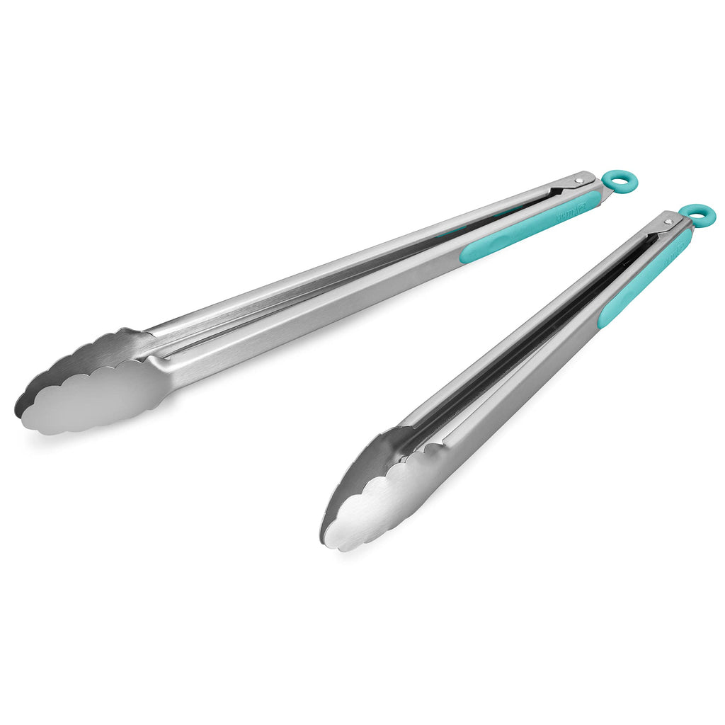 304 Stainless Steel Kitchen Cooking Tongs, 14 & 16", Set of 2, Aqua Sky