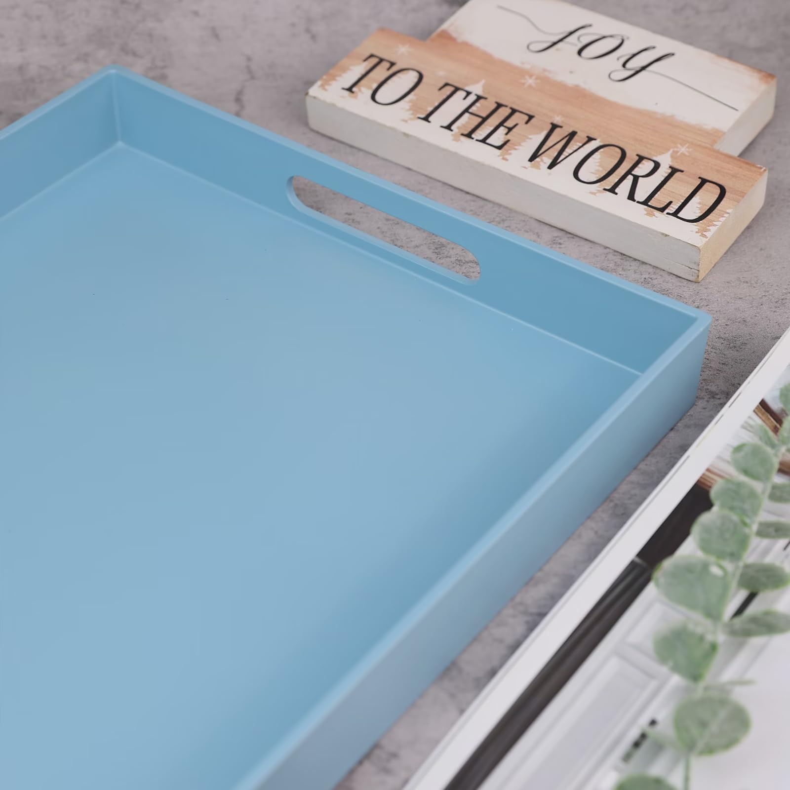 SforGUVA Blue Serving Tray for Coffee Table, Rectangular Plastic Decorative Tray with Handles for Entertaining, Outdoor Patio, Living Room, Ottoman, Bathroom Counter, 11.8”*15.7”*1.6”