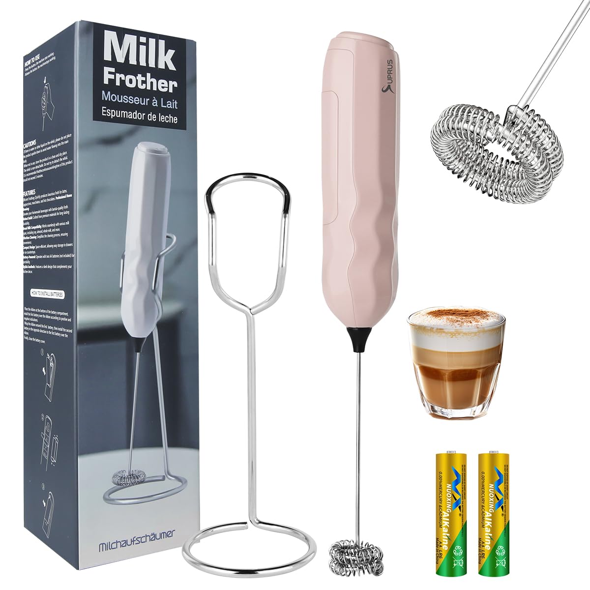 SUPRUS Ultra Fast Handheld Milk Frother Double Whisk with Stand 2 Batteries Stainless Steel for Lattes Cappuccino Matcha Hot Chocolate Coffee Bar Accessories Kitchen Gadgets Gift