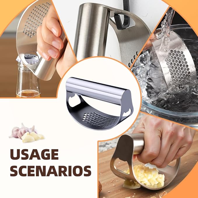 2025 New Stainless Steel Garlic Presser, Portable Manual Stainless Steel Garlic Press for Home Kitchen Utensils, Upgrade Rocker Crusher Masher with Garlic Peeling (1)