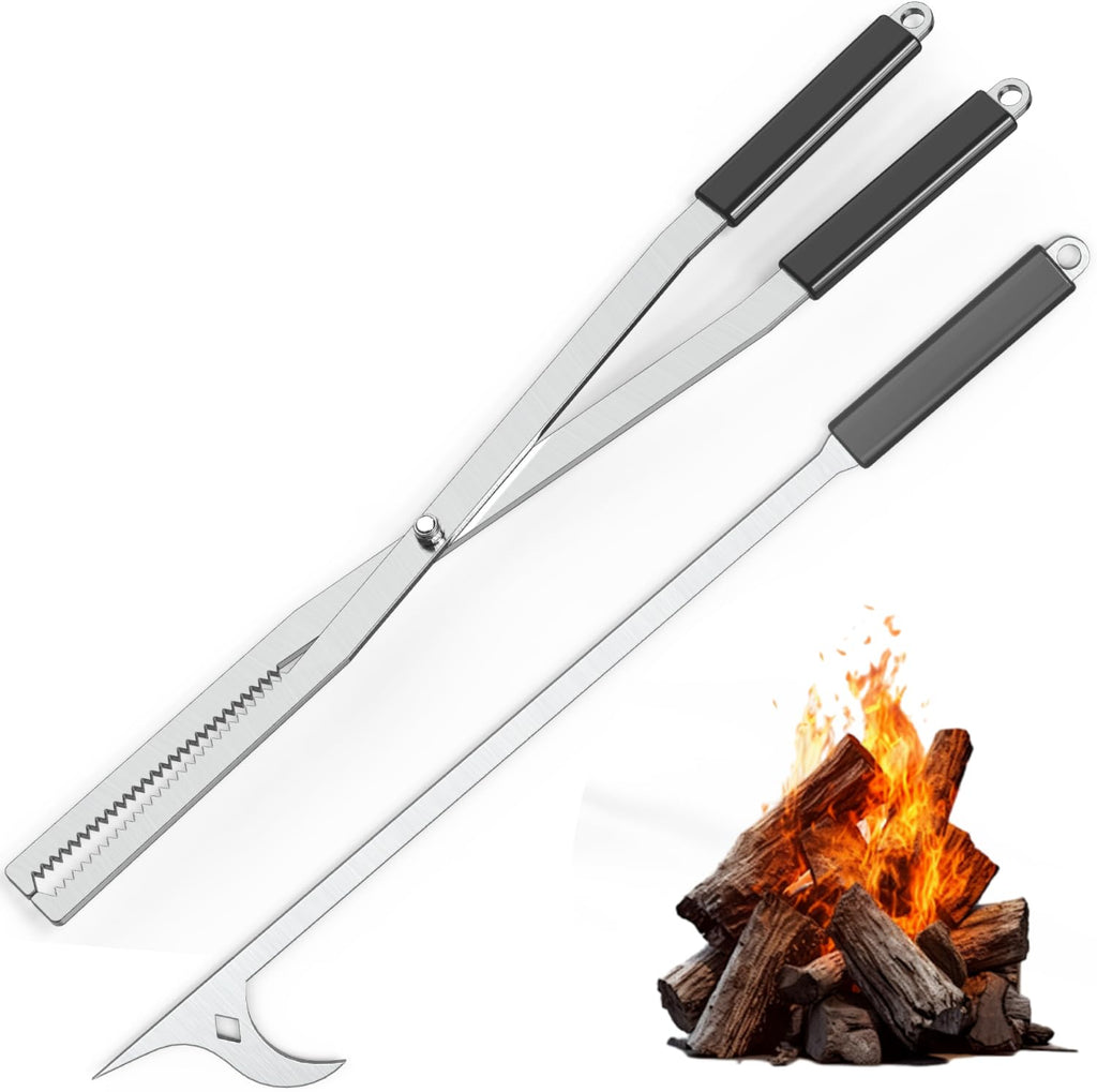 MOOFI Heavy Duty Fire Tong & Poker Set, Firewood Grabber 27.7" Long-Handle Carbon Steel Log with Serrated Grip Tong, Tools Sets For Fire Pit, Fireplace, Wood Stoves, Campfires, Bonfires & BBQ Grills