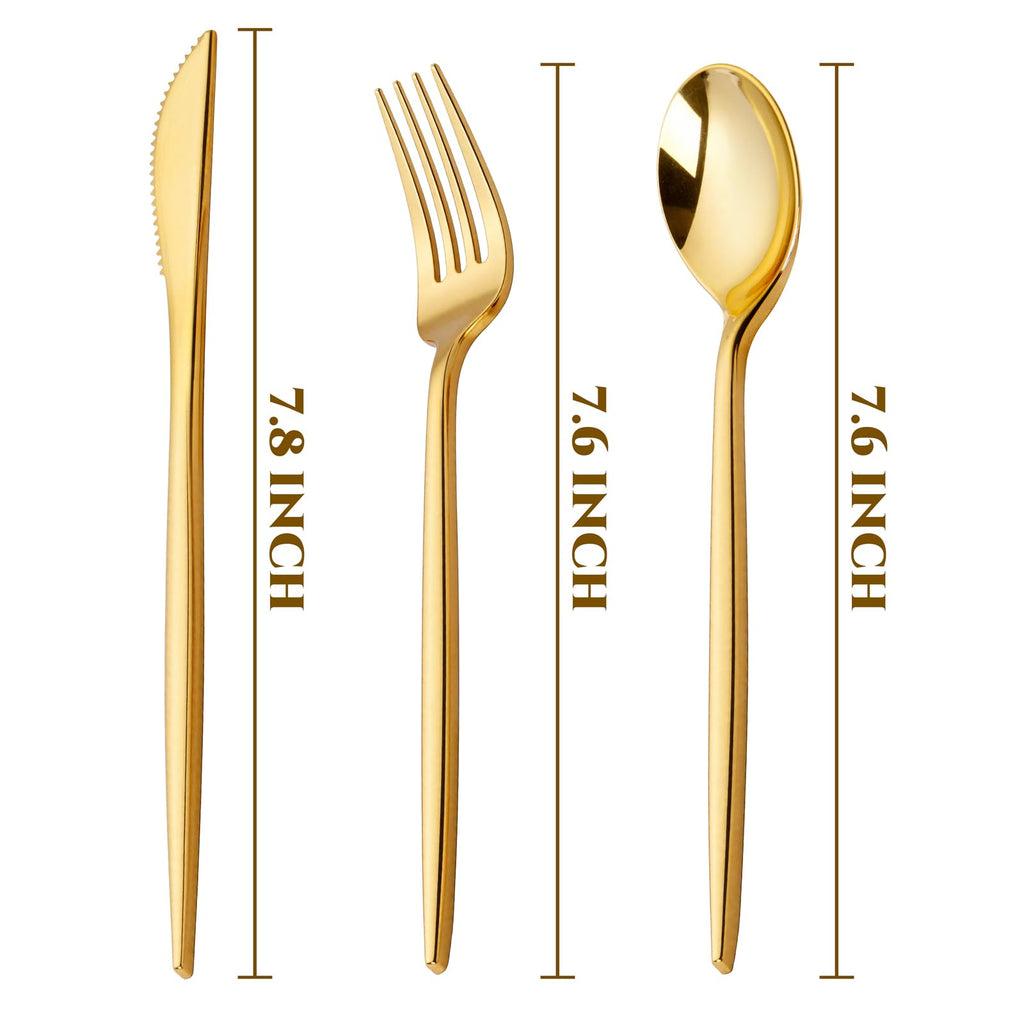 PULOTE 300PCS Gold Plastic Silverware Set Disposable - Heavy Duty Gold Utensils Set - Plastic Cutlery Disposable - Include 100 Knives, 100 Forks, 100 Spoons for Party & Wedding