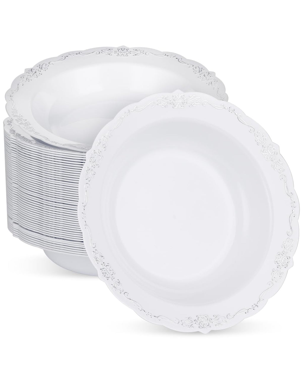 Bestluck 50 Pack White Plastic Bowls with Silver Rim