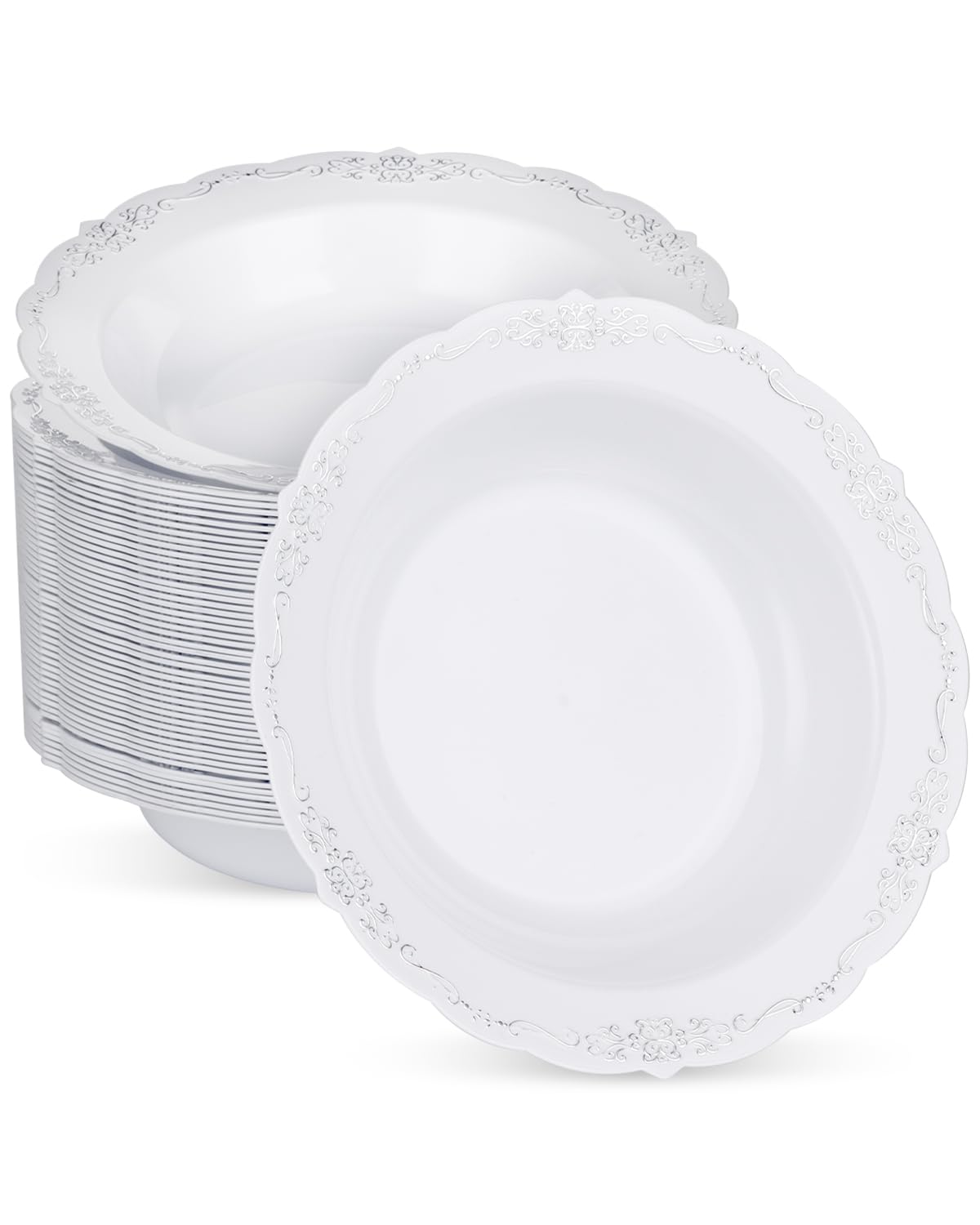 Bestluck 50 Pack White Plastic Bowls with Silver Rim