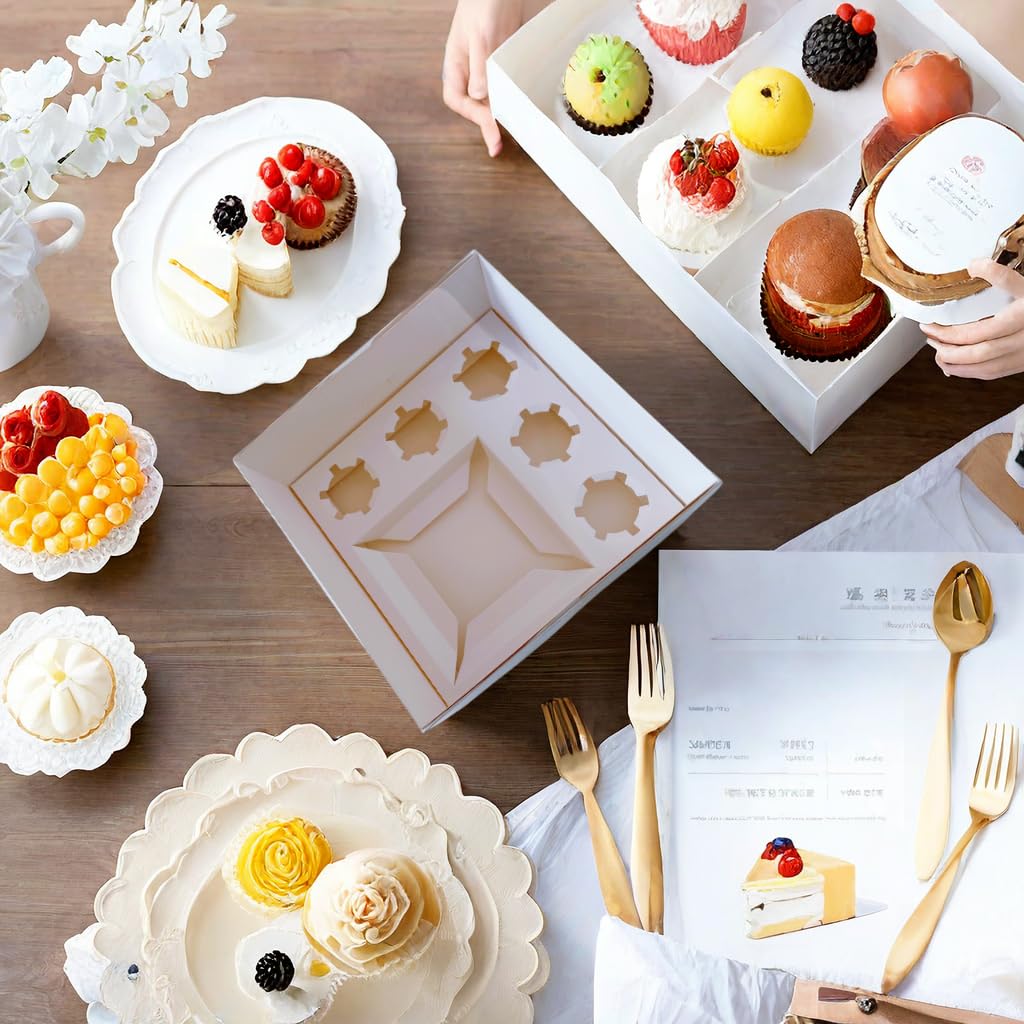 SAHROO Bento Cake Box - Easy to Assemble White 4-inch Cake and 5 Cupcakes Box With Insert - 5 Sets Base for Family Birthday Party Mother's Day