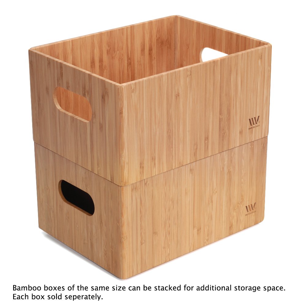 MobileVision Bamboo Storage Box Multi-Purpose Organizer for Kitchen Supplies Holder, Fruit Bin, Cabinets, Pantry with built in handles, stackable, 12” x 9” x 6” With White Clip Included
