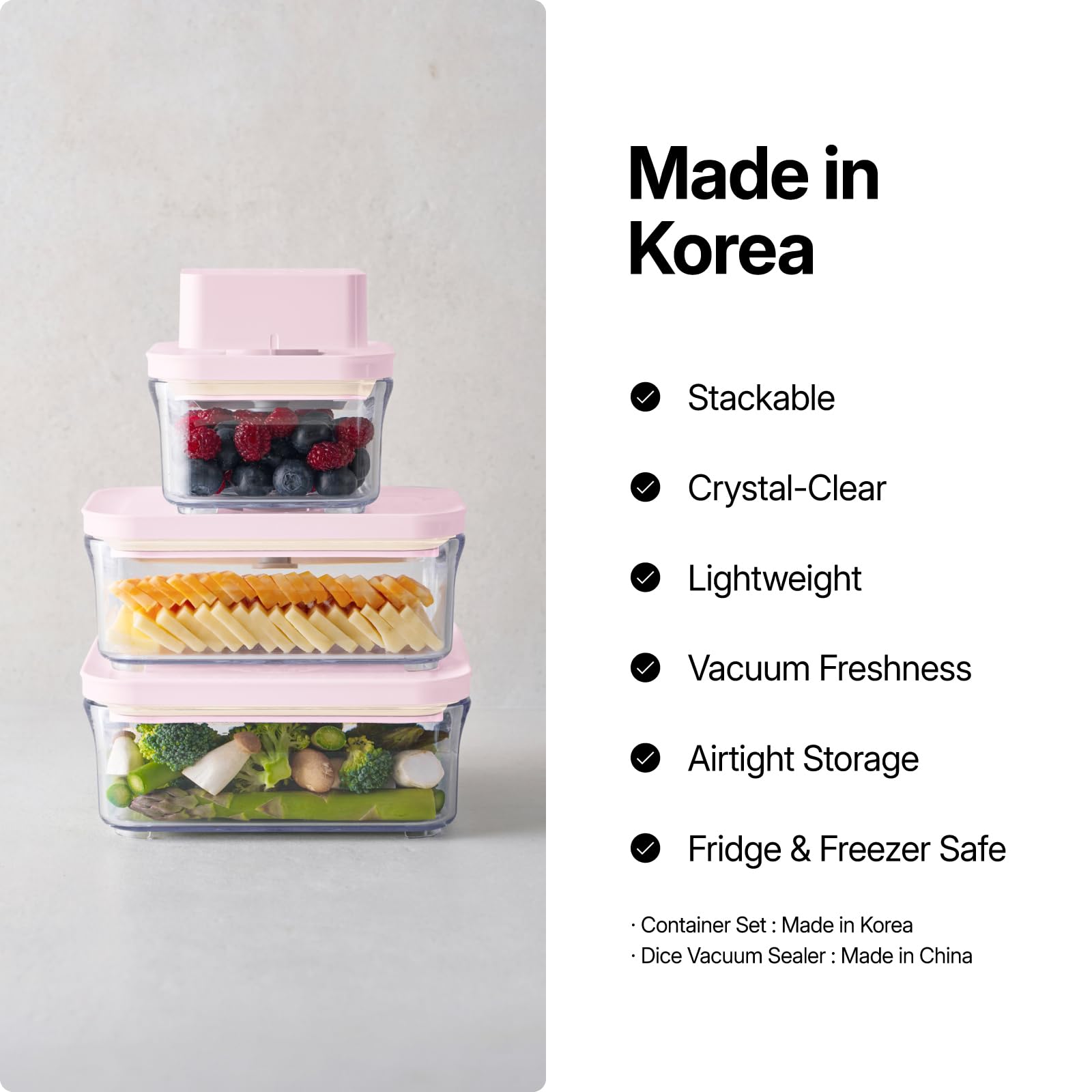 VAKUEN Premium Airtight Food Storage Containers ROSE 8P/SET, 6pcs Container, 1pcs Water Pitcher and Vacuum Sealer. Patented Double Silicone Lining, 100% Leak Proof, BPA-FREE