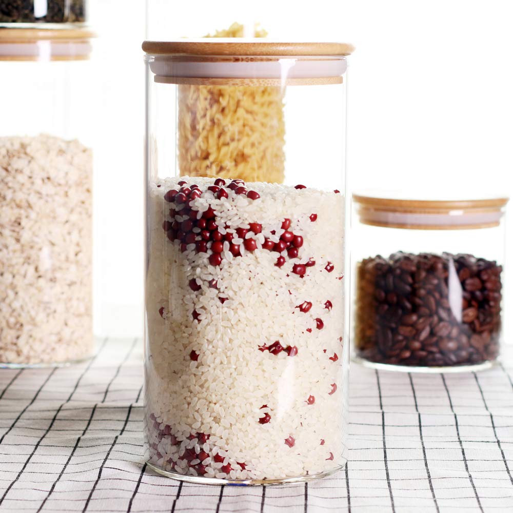 LEAVES AND TREES Y Stackable Kitchen Canisters Set, Pack of 5 Clear Glass Food Storage Jars Containers with Airtight Bamboo Lid for Candy, Cookie, Rice, Sugar, Flour, Pasta, Nuts