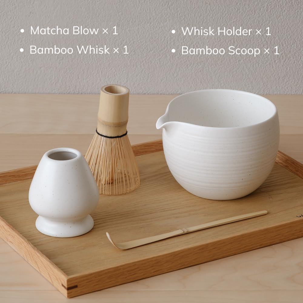 WENSHUO Matcha Whisk Set, Ceramic Matcha Bowl with Spout, White,6-Pc