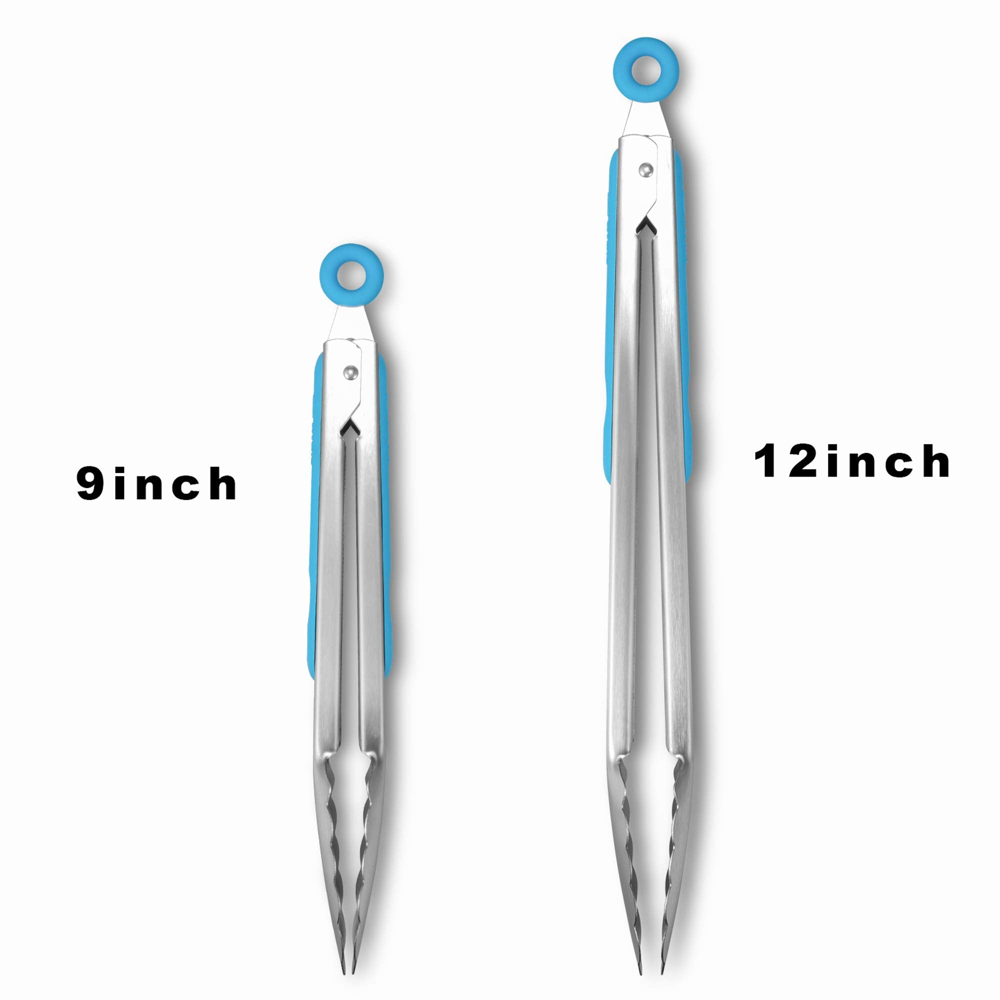 Premium 304 Stainless Steel Tongs Set – 12" Grill Tongs & 9" Cooking Tongs, Heat Resistant up to 600°F, Wavy Grip Head, Non‑Slip Handle with Locking Clip & Hanging Loop, Dishwasher Safe, Blue