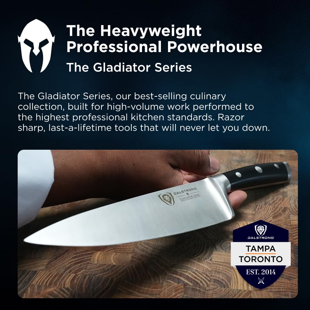 Dalstrong 8" Chef Knife — Forged High-Carbon German Steel, Full-Tang, Hand-Polished 16–18° Edge — Gladiator Series ELITE For Daily Home Cooking, BBQ Prep & Professional Kitchens — G-10, NSF