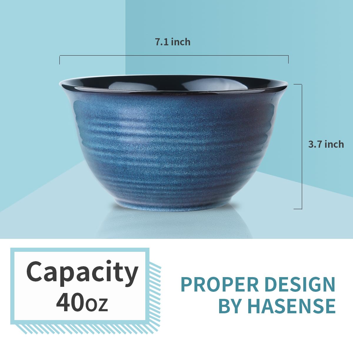 Hasense Ceramic Soup Bowls Set of 4, 40 Ounce Large Cereal Bowls for Kitchen, 7 Inch Serving Bowls for Salad Pasta Ramen Pho Popcorn, Dishwasher Microwave Safe, Navy Blue