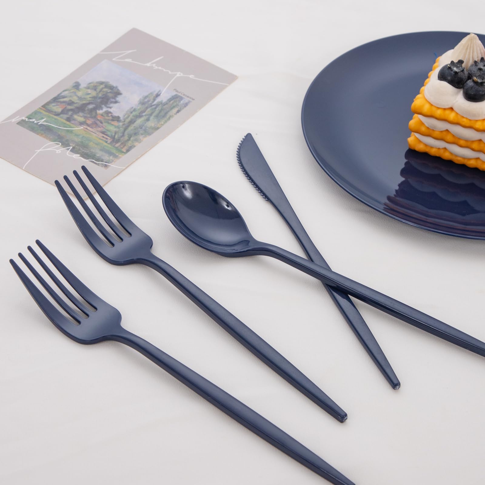 PULOTE 150PCS Blue Plastic Silverware Set - Plastic Cutlery Disposable - Heavy Duty Blue Plastic Utensils Include 50 Forks, 50 Knives,50 Spoons for Party&Graduation