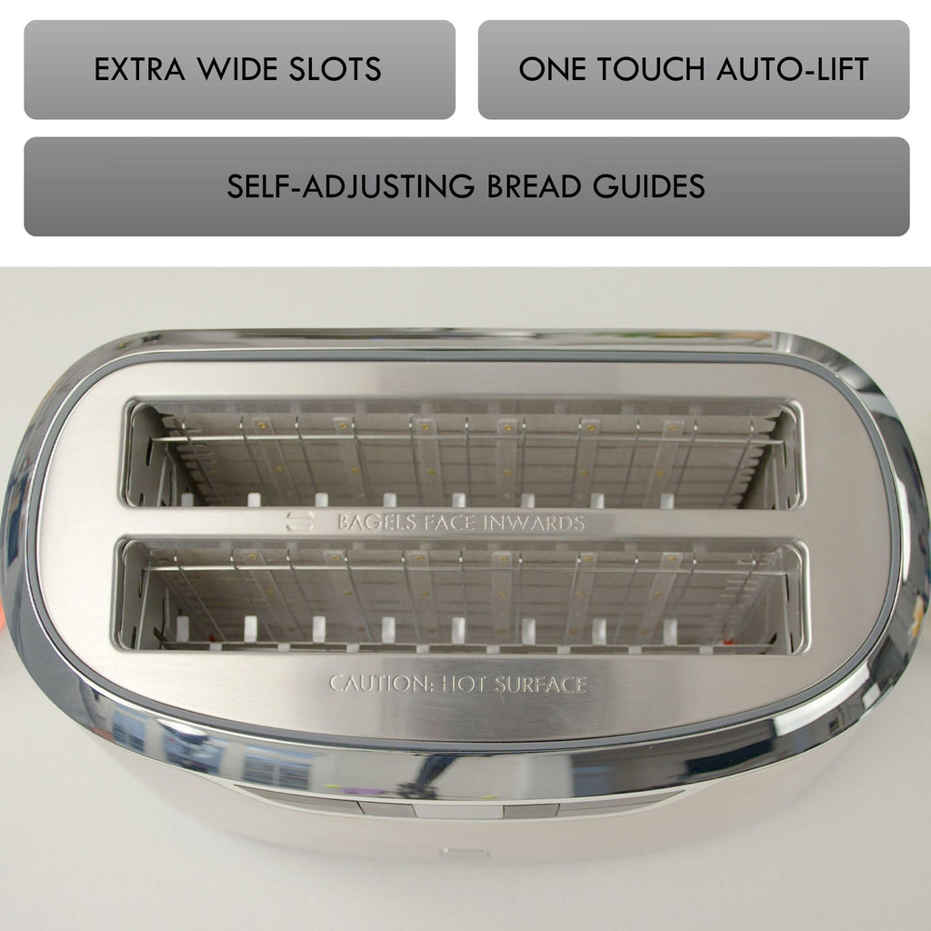Kenmore Elite 4-Slice Long Slot Toaster Silver, One-Touch Auto-Lift, Stainless Steel, Adjustable Browning, Defrost, Digital Countdown Timer, Retractable Cord, Toast, Bagels, Waffles, English Muffins