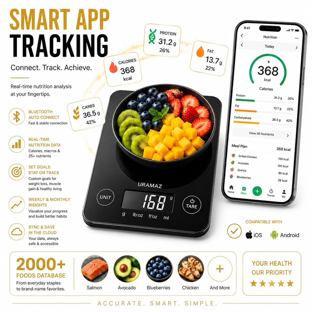 URAMAZ Smart Food Scale with Nutritional Calculator, Digital Kitchen Scale with Bluetooth App for Weight Loss, Food Weight Scale for Diet, Keto, Macro, Calories Counting, Tracking, 11lb
