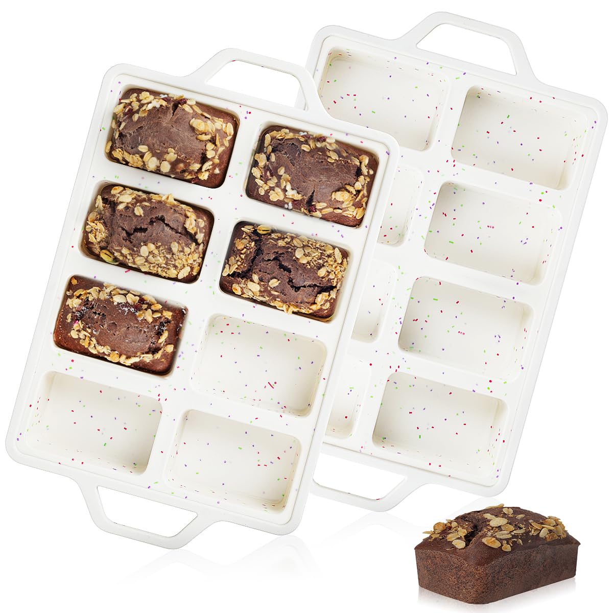 Mini Loaf Pans, Metal Reinforced Frame Silicone Bread Loaf Pans 8 Cavities Nonstick for Baking Cornbread, Mini Bread, Brownie, Cheesecake, Chocolate 2 Pack Confetti