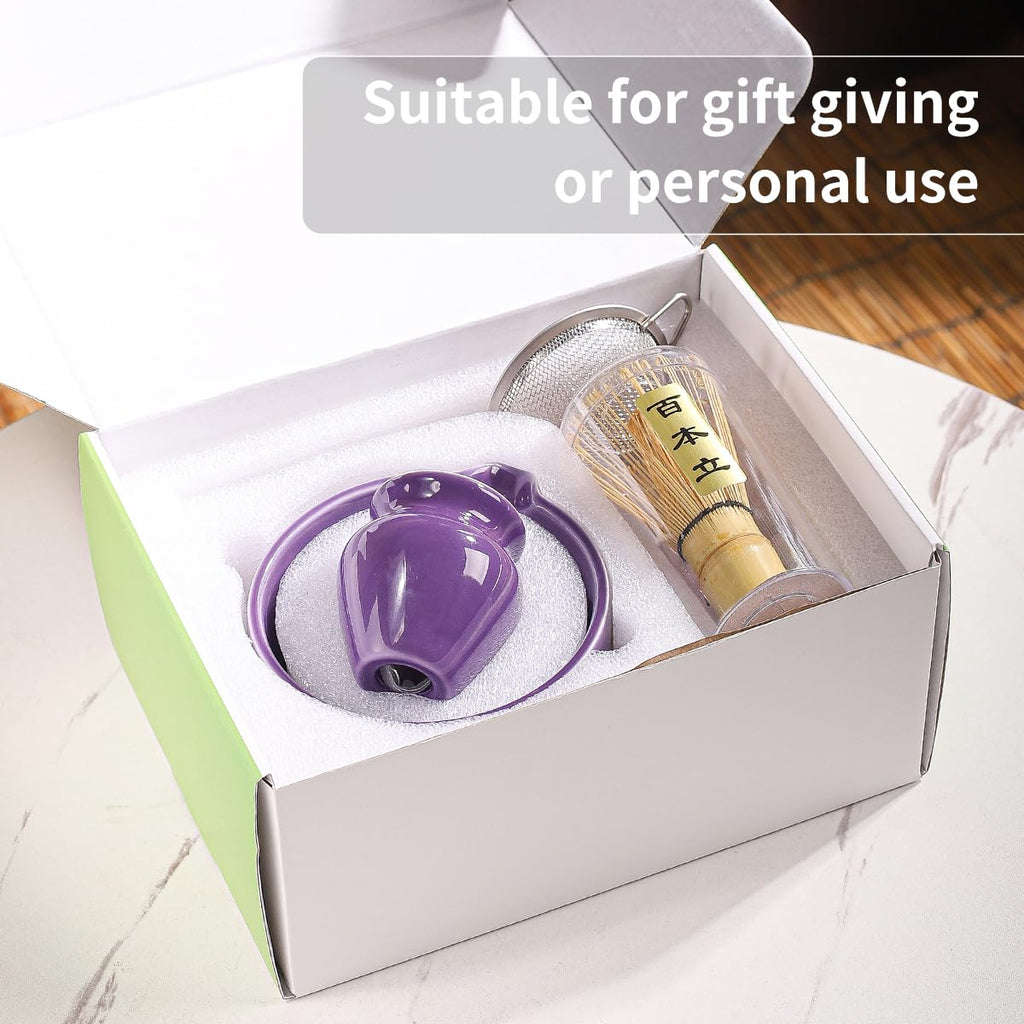 Matcha Tea Set, 5-Piece Ceramic Matcha Bowl & Whisk Kit with Cute Cat Pattern, Traditional Japanese Chawan, Scoop & Sifter, Perfect for Tea Ceremony, Gift for & Tea Lovers (Purple;)