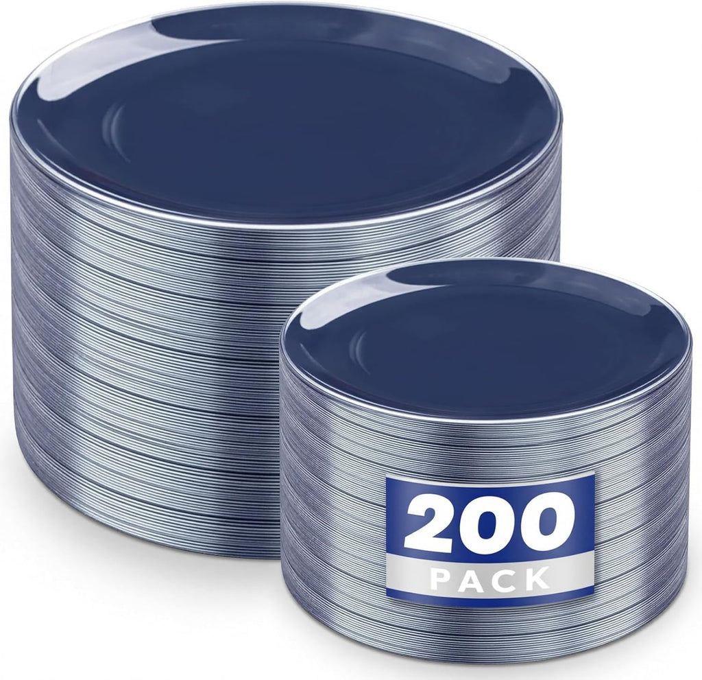 KIRE 200PCS Blue Plastic Plates with Silver Rim - Navy Blue Plastic Plates Include 100 Dinner & Dessert Plate - Heavy Duty Dark Blue Disposable Plate for Wedding/Parties