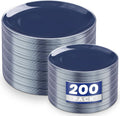 KIRE 200PCS Blue Plastic Plates with Silver Rim - Navy Blue Plastic Plates Include 100 Dinner & Dessert Plate - Heavy Duty Dark Blue Disposable Plate for Wedding/Parties