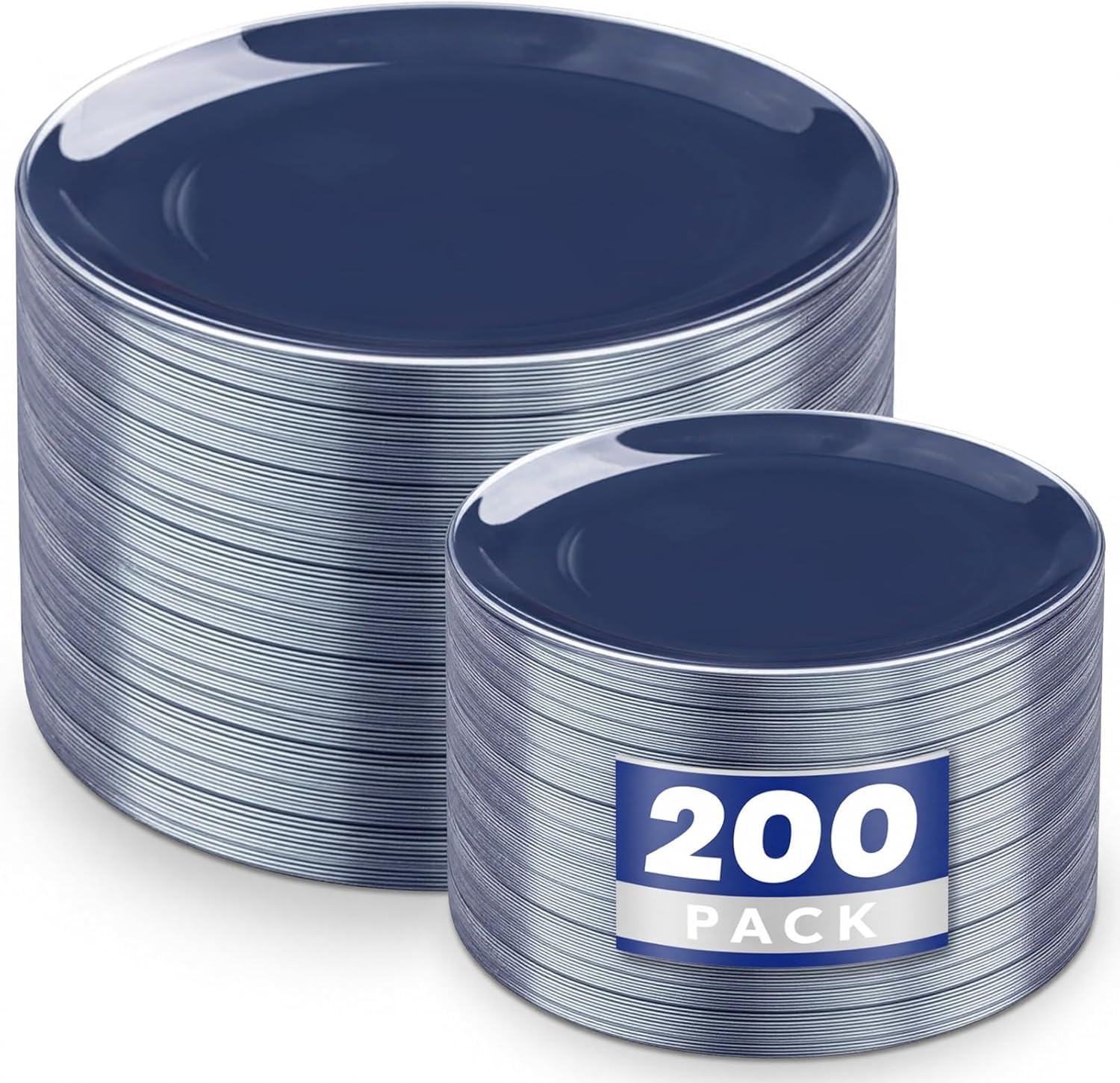 KIRE 200PCS Blue Plastic Plates with Silver Rim - Navy Blue Plastic Plates Include 100 Dinner & Dessert Plate - Heavy Duty Dark Blue Disposable Plate for Wedding/Parties