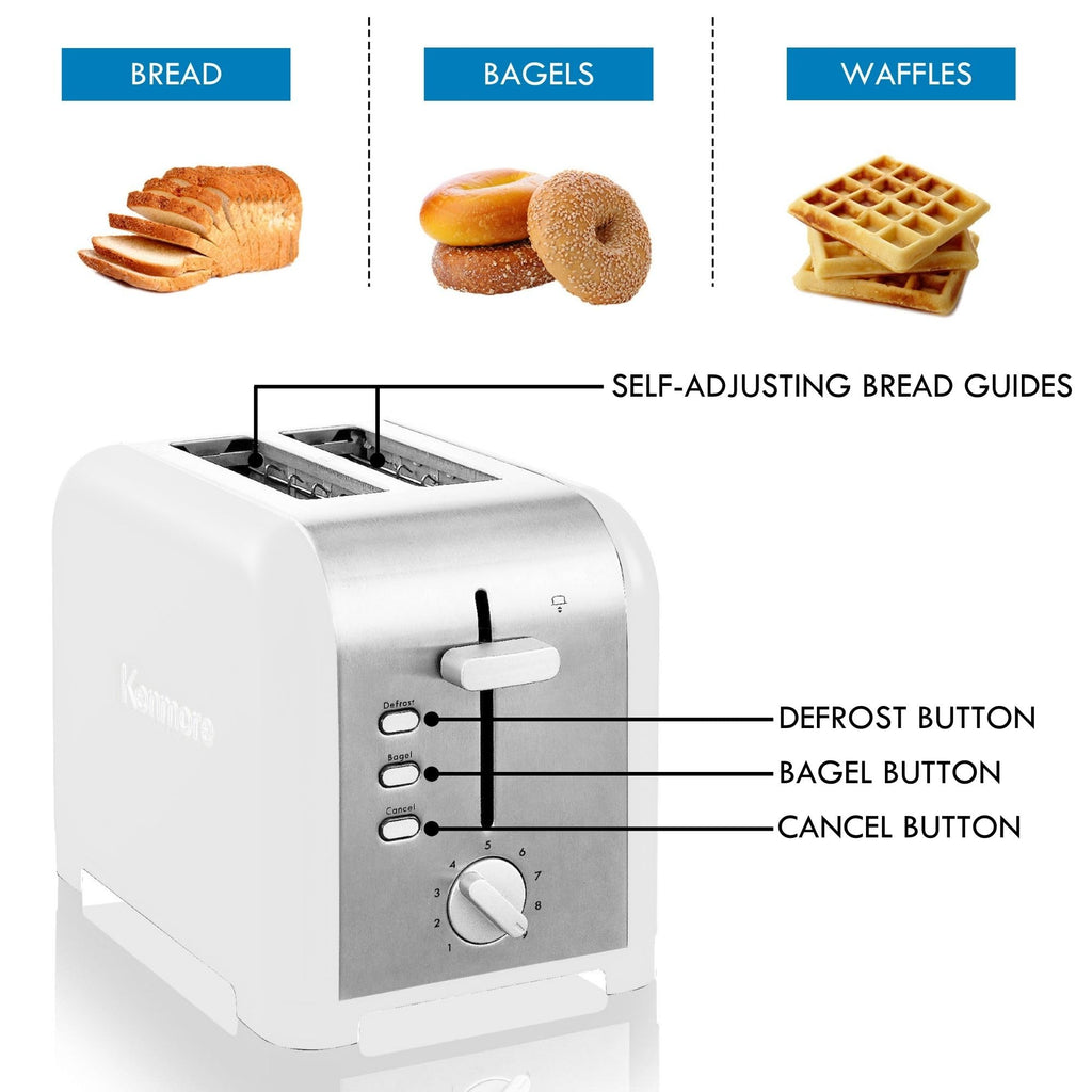 Kenmore 2-Slice Toaster, White Stainless Steel, Extra Wide Slots, Bagel and Defrost Functions, 9 Browning Levels, Removable Crumb Tray, for Bread, Toast, English Muffin, Toaster Strudel