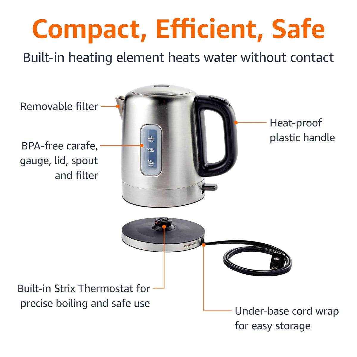 Amazon Basics Electric Stainless Steel Kettle for Tea and Coffee, BPA-Free, Fast Boiling, Auto Shut-Off, 1 Liter, 1500W, Black and Silver