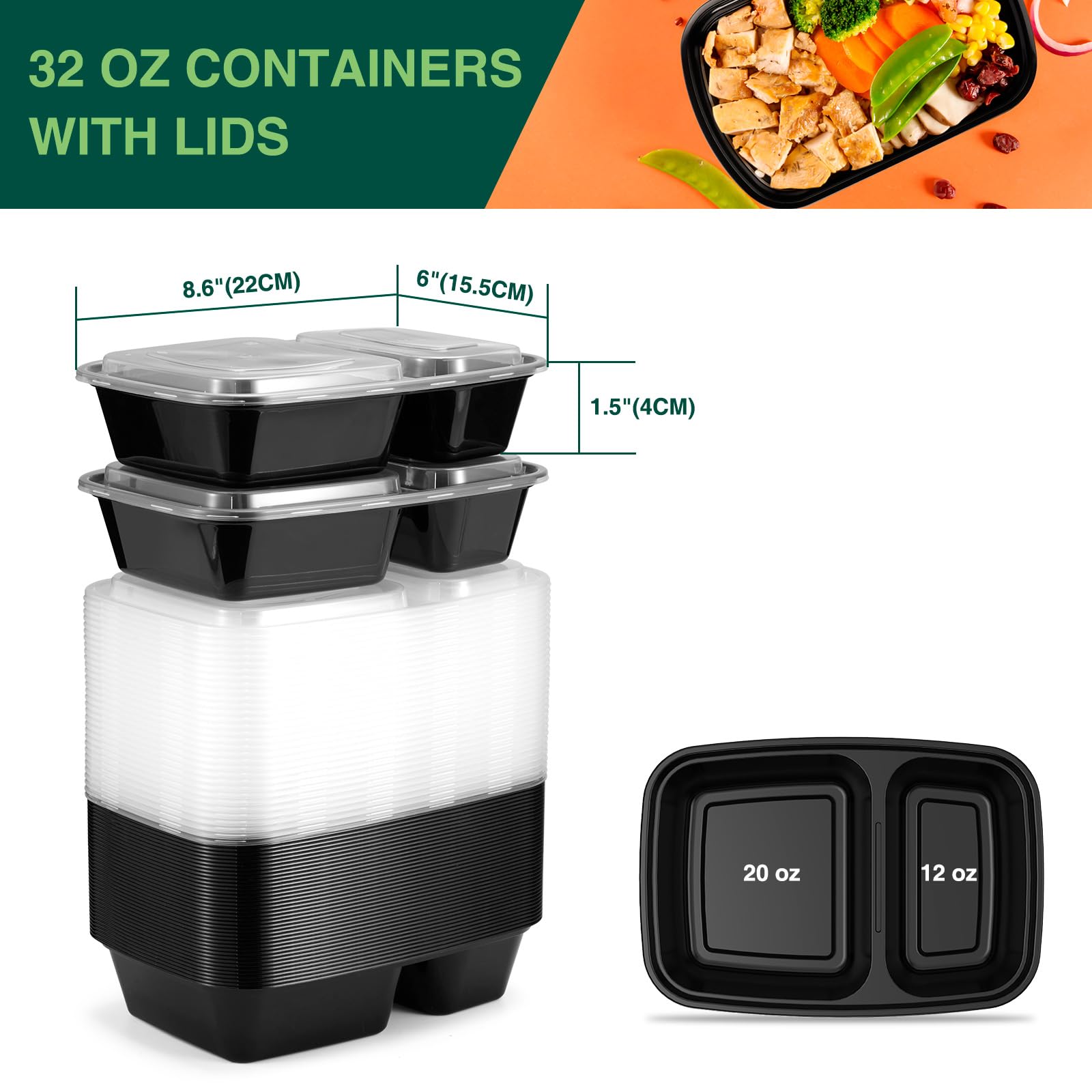 Glotoch 50 Pack(100-Piece)32oz 2-Compartment Meal Prep Containers with Lids