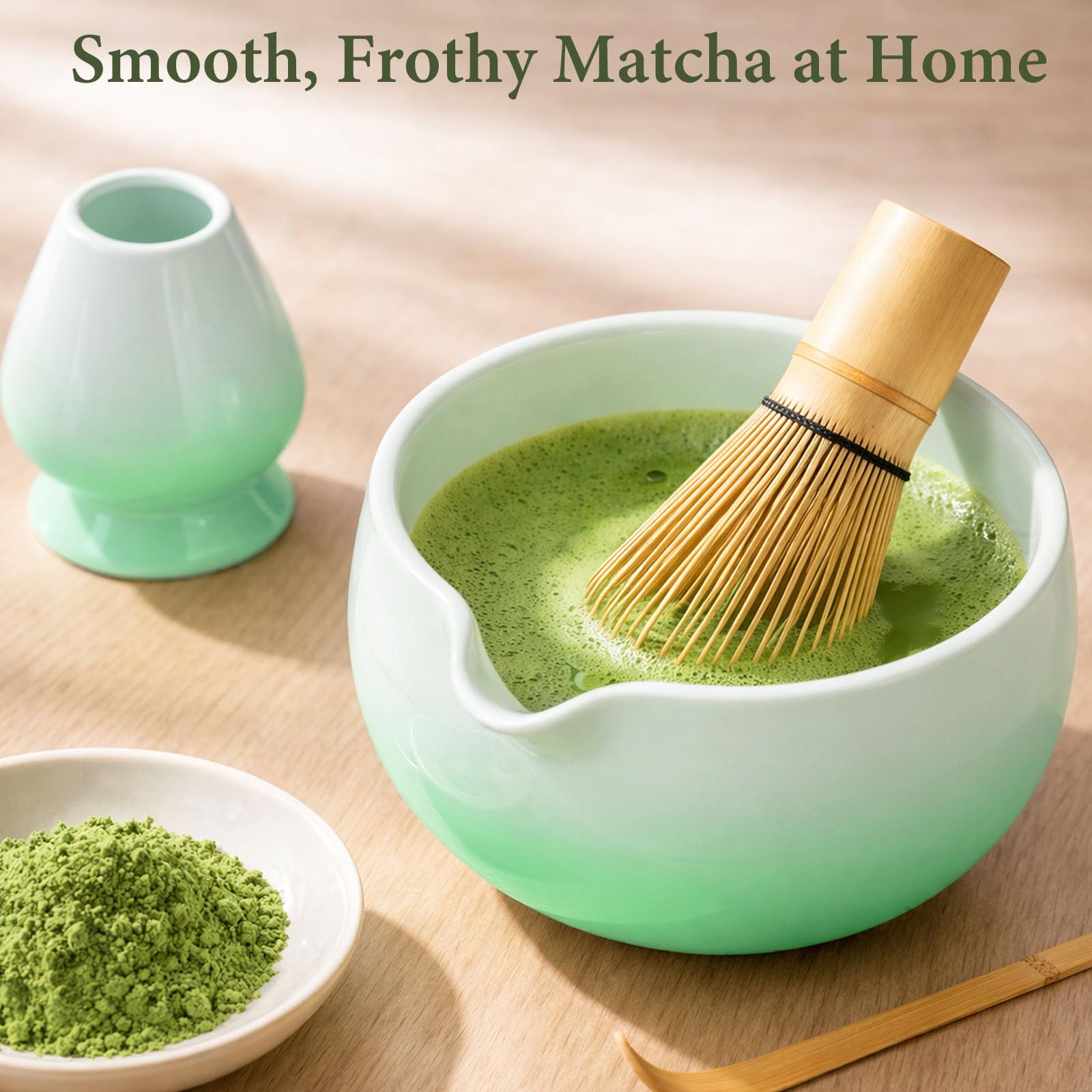 HUSHHAVN Matcha Whisk Set, Ceramic Matcha Set Includes Bowl & Holder, Bamboo Whisk (Chasen), Scoop, Spoon and Sifter, 6PCS Matcha Kit Covers Everything Needed for Making Matcha (Green)