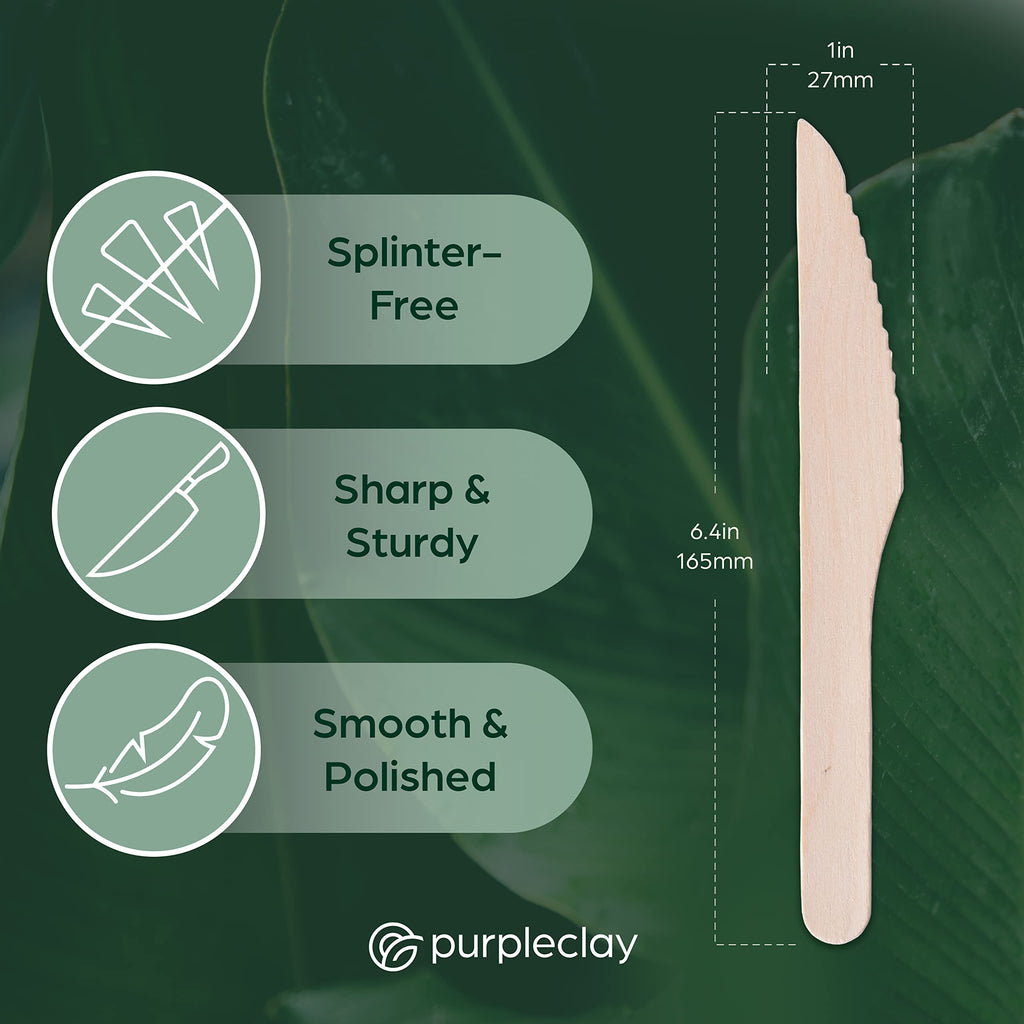 PURPLECLAY Wooden Knives Disposable – 300 Piece Wood Compostable Knives, Eco-Friendly Biodegradable Cutlery Set, Charcuterie Accessories Disposable, Wooden Knife for Parties, Plastic-Free Utensils