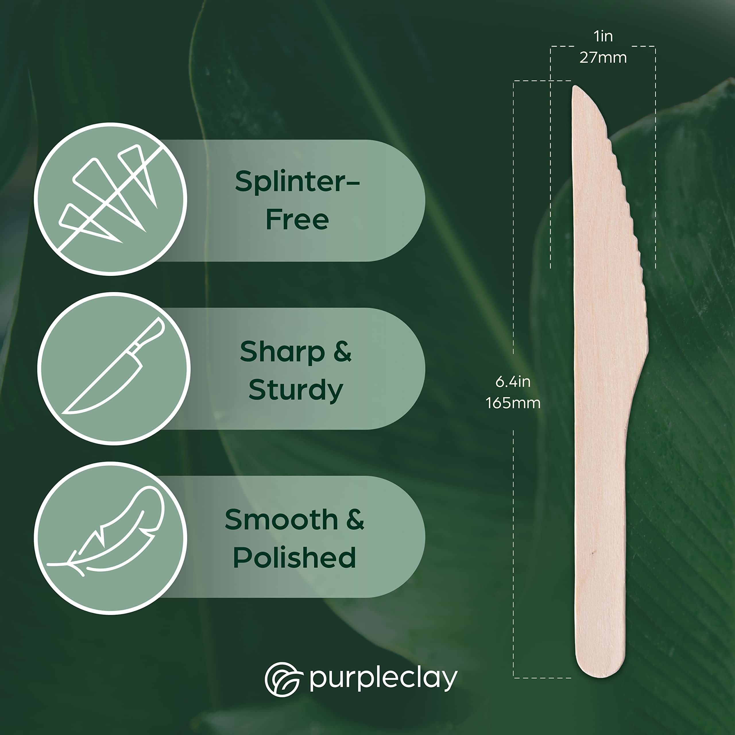 PURPLECLAY Wooden Knives Disposable – 300 Piece Wood Compostable Knives, Eco-Friendly Biodegradable Cutlery Set, Charcuterie Accessories Disposable, Wooden Knife for Parties, Plastic-Free Utensils