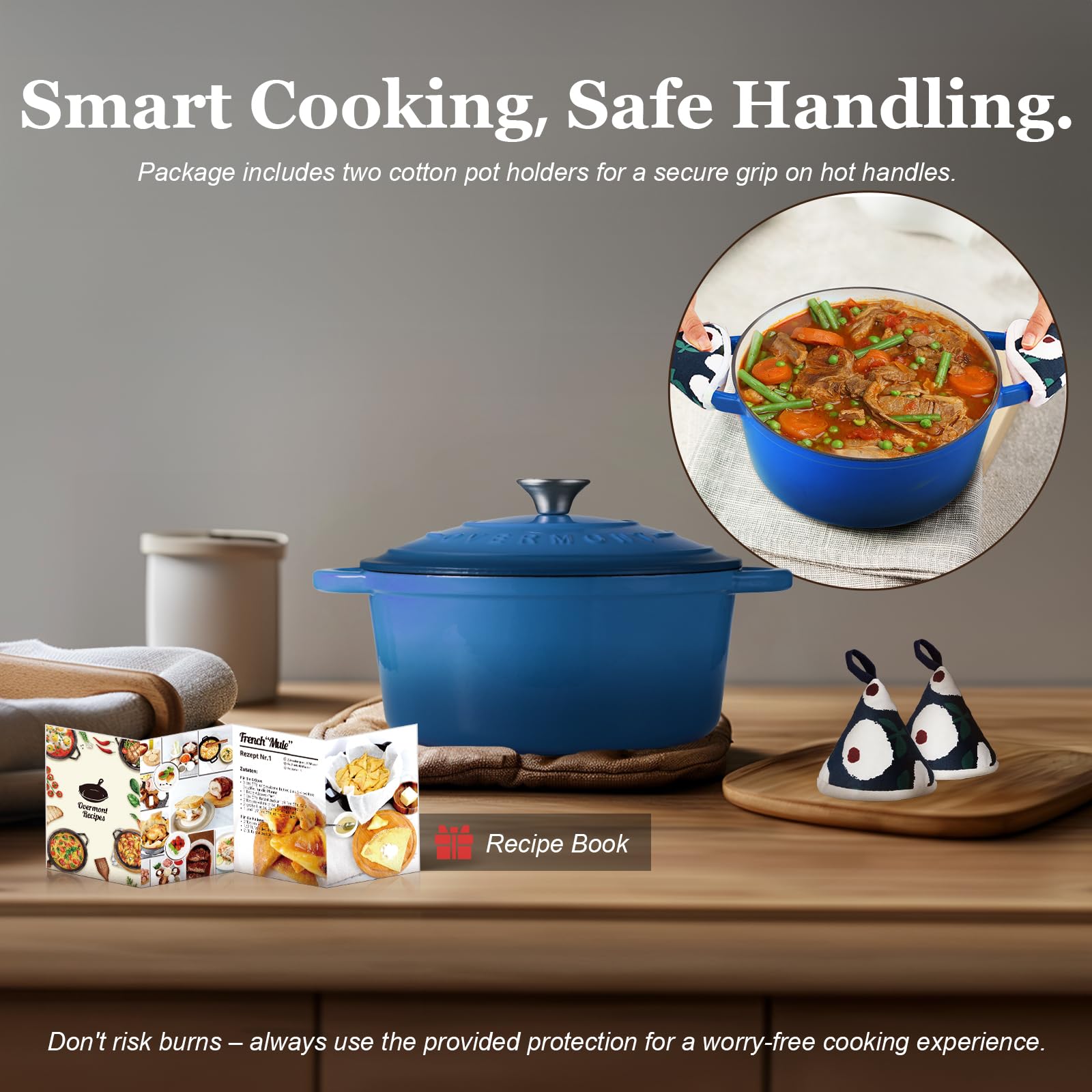 Overmont Enameled Cast Iron Dutch Oven - 7QT Pot with Lid Cookbook & Cotton Potholders - Heavy-Duty Cookware for Braising, Stews, Roasting, Sourdough Baking blue