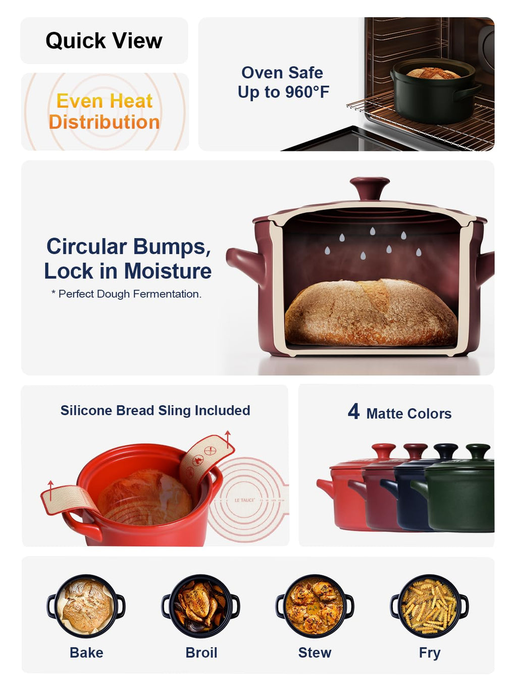 LE TAUCI 3 QT Ceramic Bread Baker with Lid for Sourdough, Covered Bread Baking Pot with Natural Steam Retention, Oven Safe to 500°F, Silicone Bread Sling Included, Midnight Blue