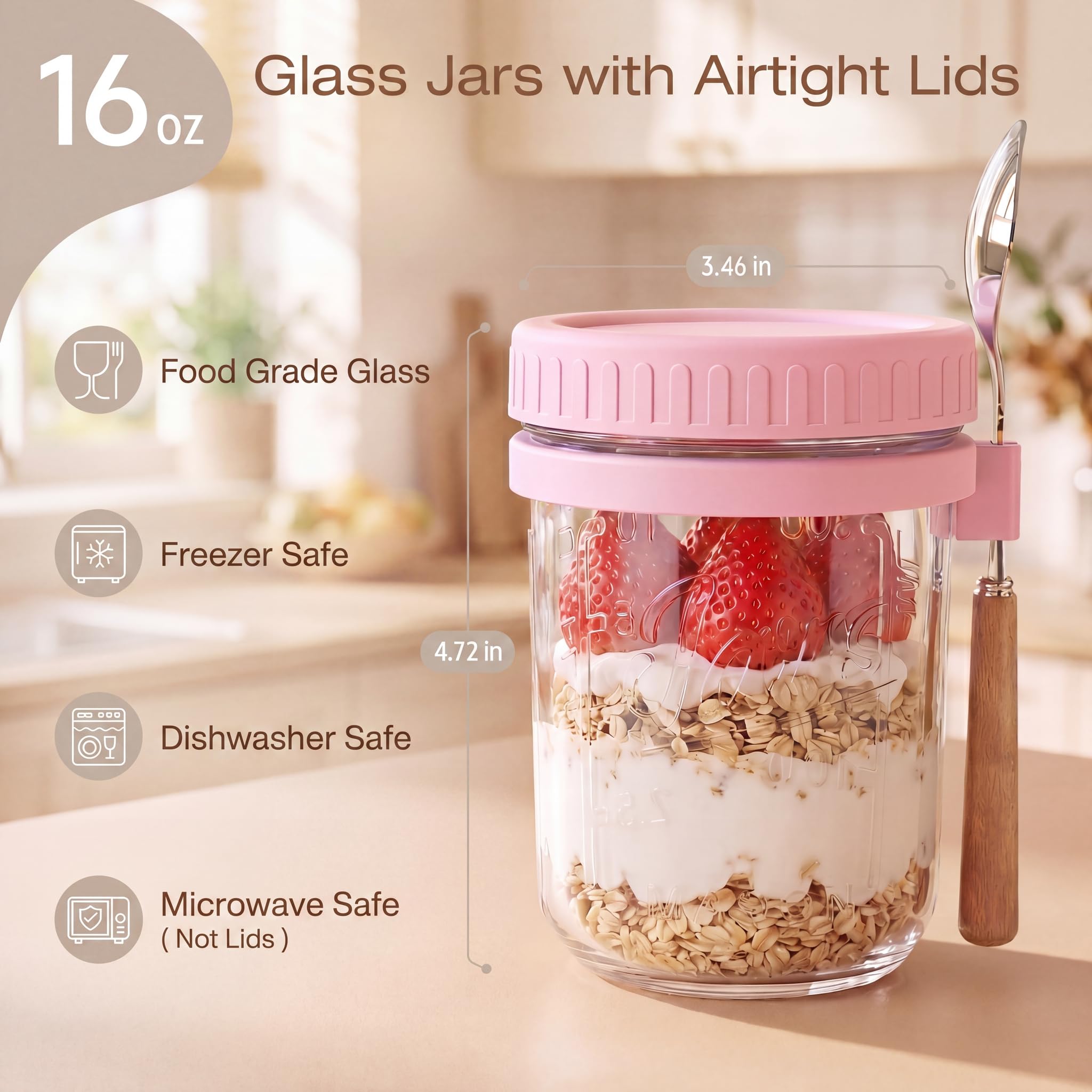 HomArtist 16oz Glass Overnight Oats Containers with Lids and Spoons, 2 Pack