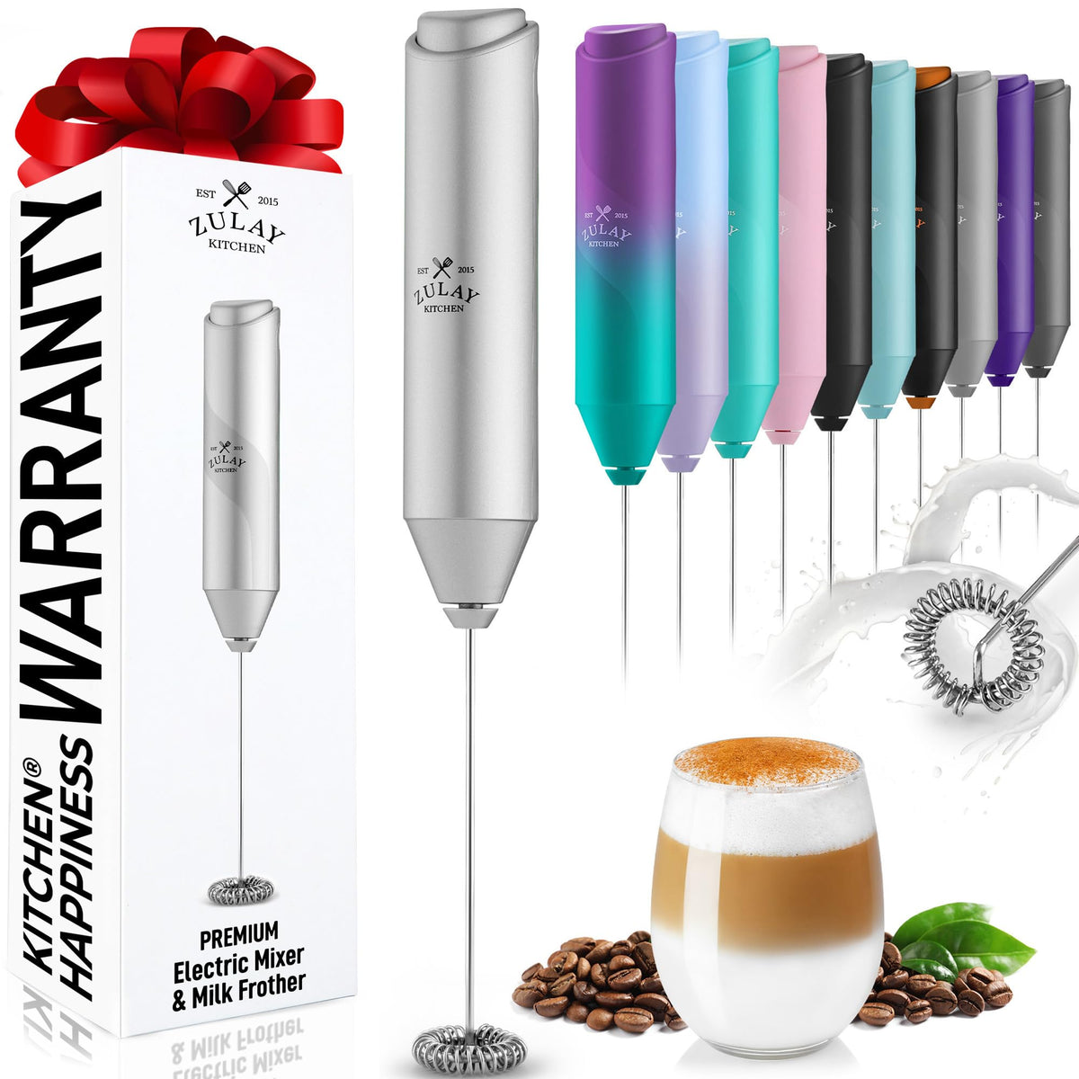 Zulay Kitchen Powerful Milk Frother Wand - Handheld Stainless Steel - Battery Operated Drink Mixer for Coffee, Lattes, Cappuccino, Matcha - Froth Mate Frother Gift - Cool Tide